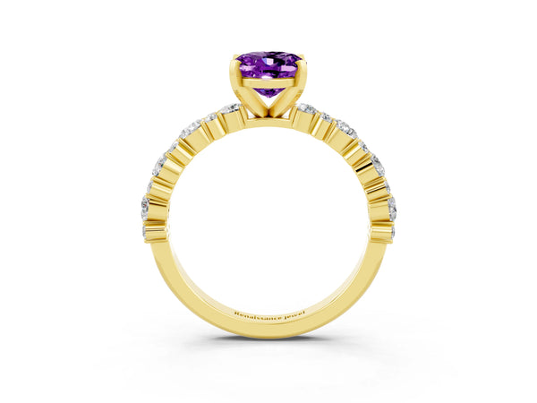 Yellow gold Oval Cut Amethyst Side Stone Solitaire Ring with Round  and Four-Prong Setting