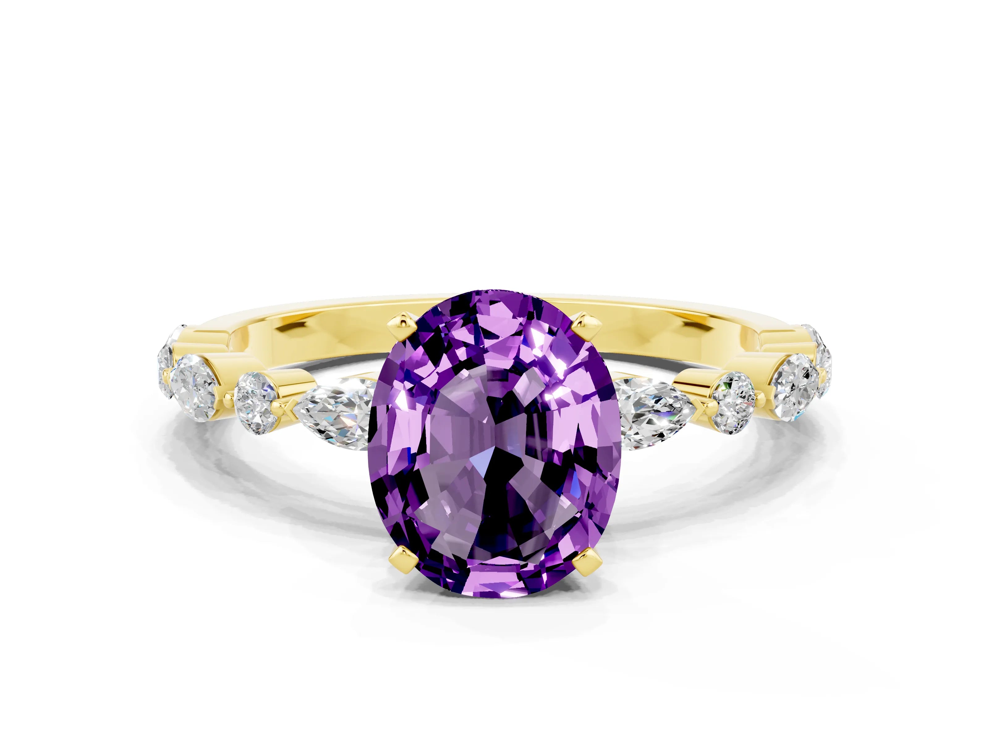 Yellow gold Oval Cut Amethyst Solitaire with Side Stones on a Pavé Band and Four-Prong Setting