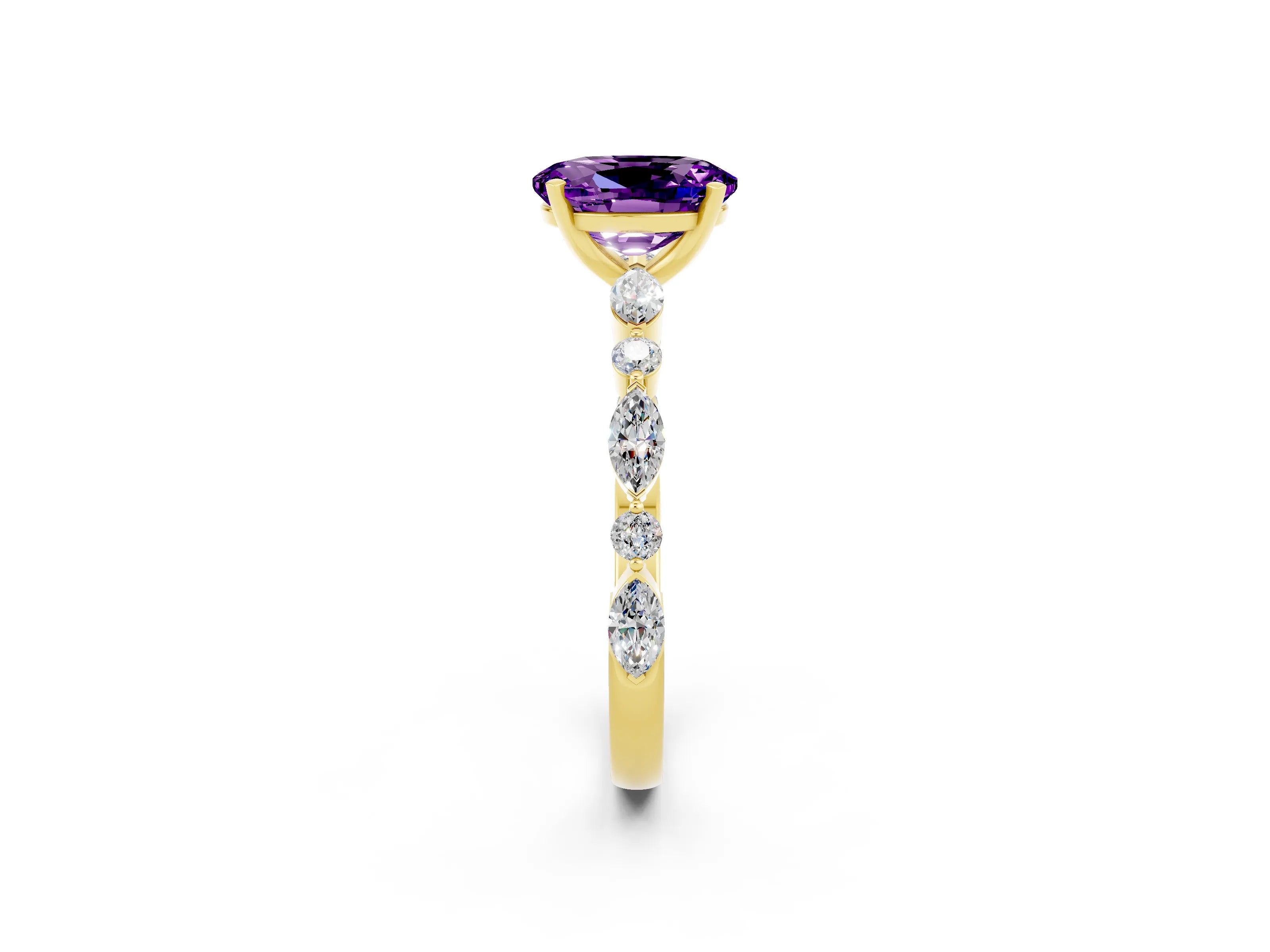 Yellow gold Oval Cut Amethyst Solitaire with Side Stones on a Pavé Band and Four-Prong Setting_2
