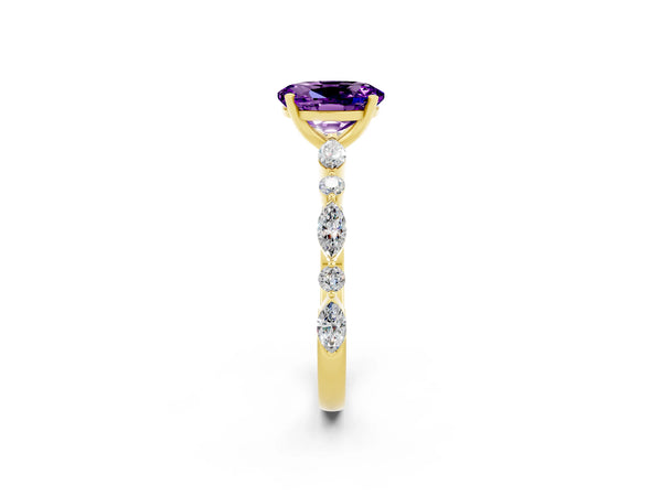Yellow gold Oval Cut Amethyst Ring with Marquise and Round  Side Stones and Four-Prong Setting