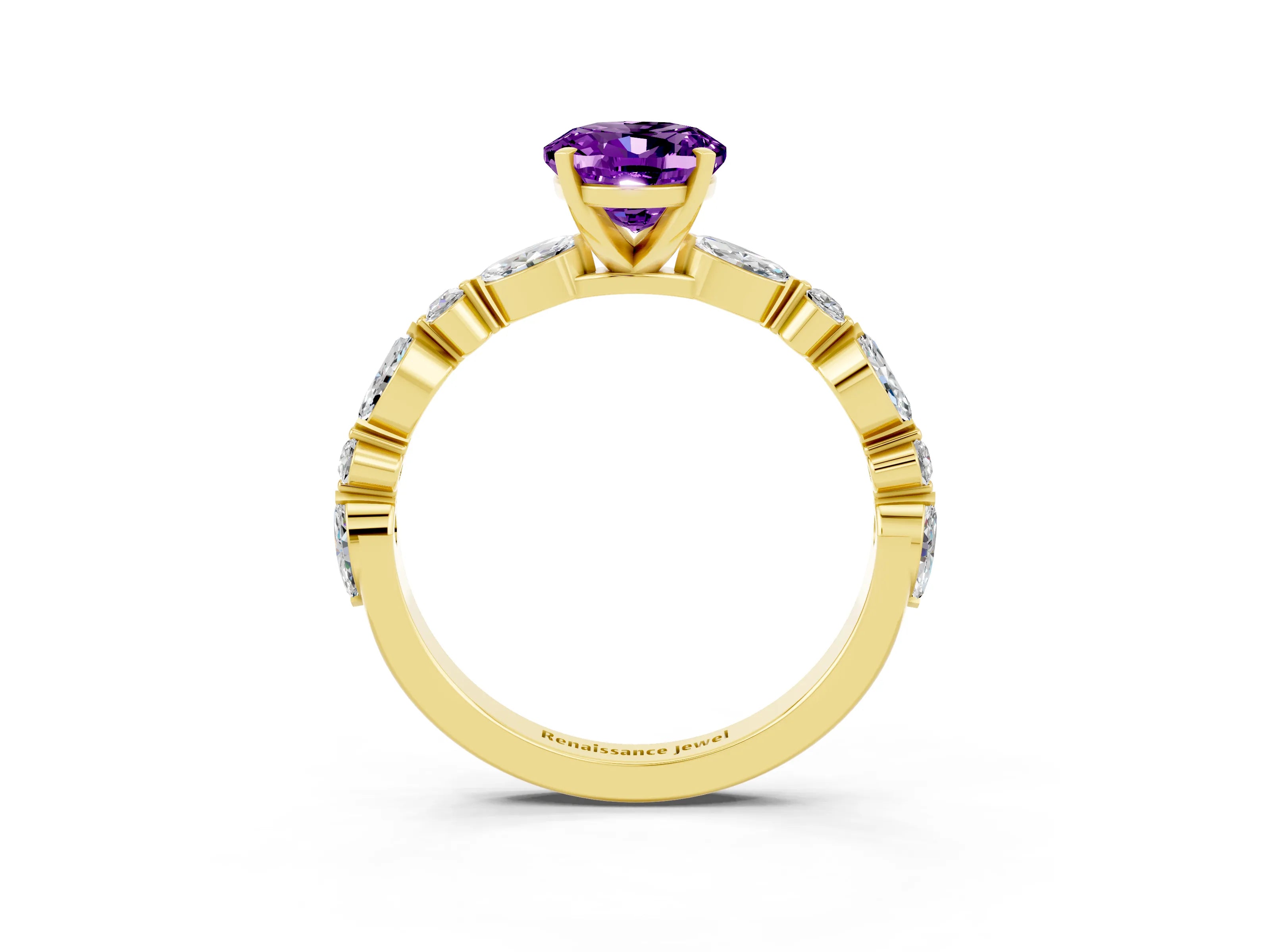 Yellow gold Oval Cut Amethyst Solitaire with Side Stones on a Pavé Band and Four-Prong Setting_3