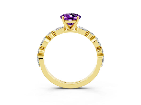 Yellow gold Oval Cut Amethyst Ring with Marquise and Round  Side Stones and Four-Prong Setting