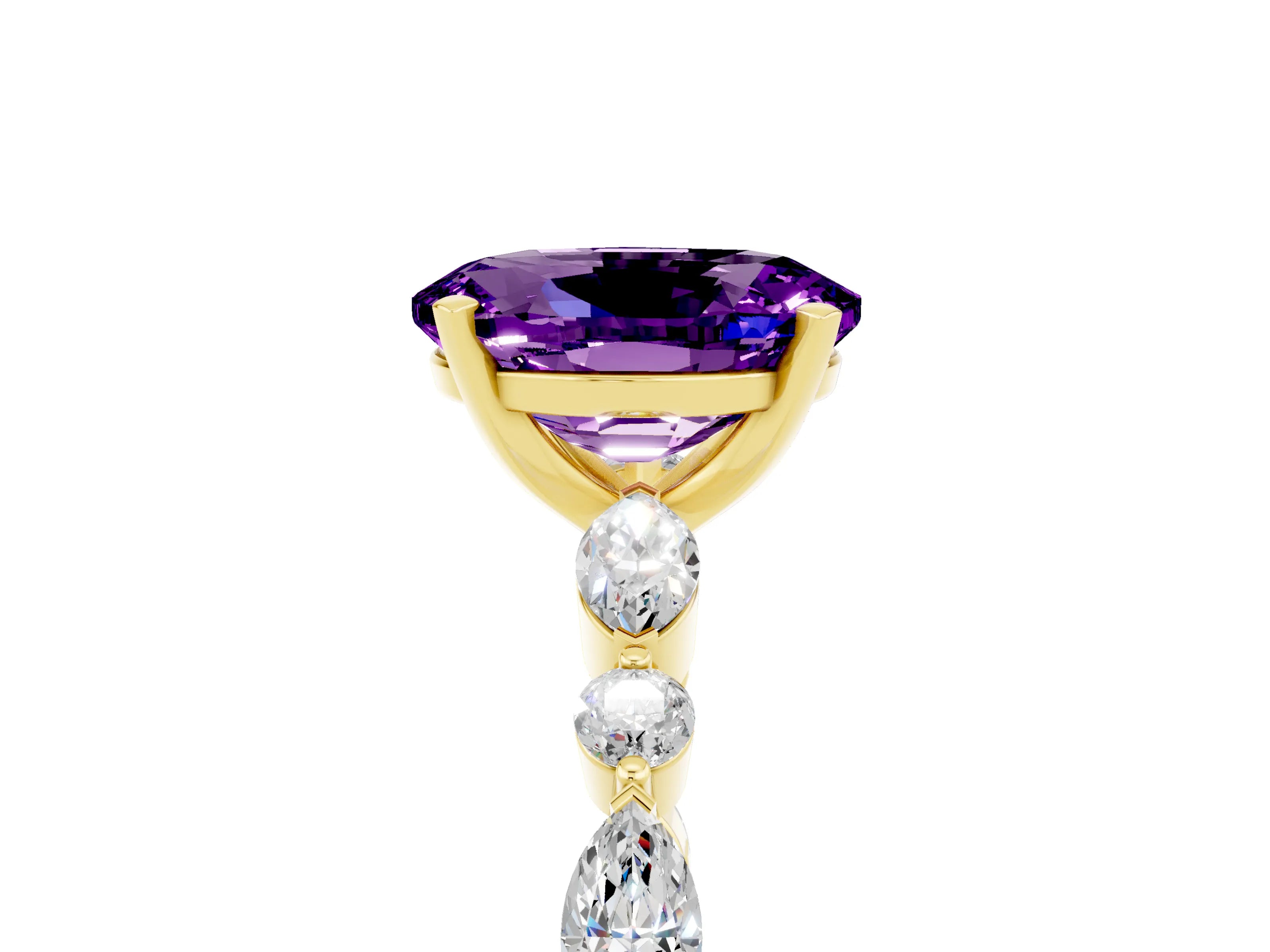 Yellow gold Oval Cut Amethyst Solitaire with Side Stones on a Pavé Band and Four-Prong Setting_5