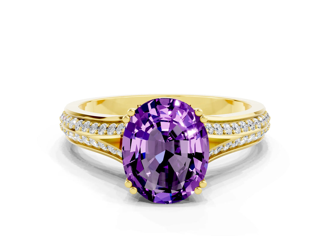 Yellow gold Oval Cut Amethyst Split Shank Engagement Ring with Pavé Band