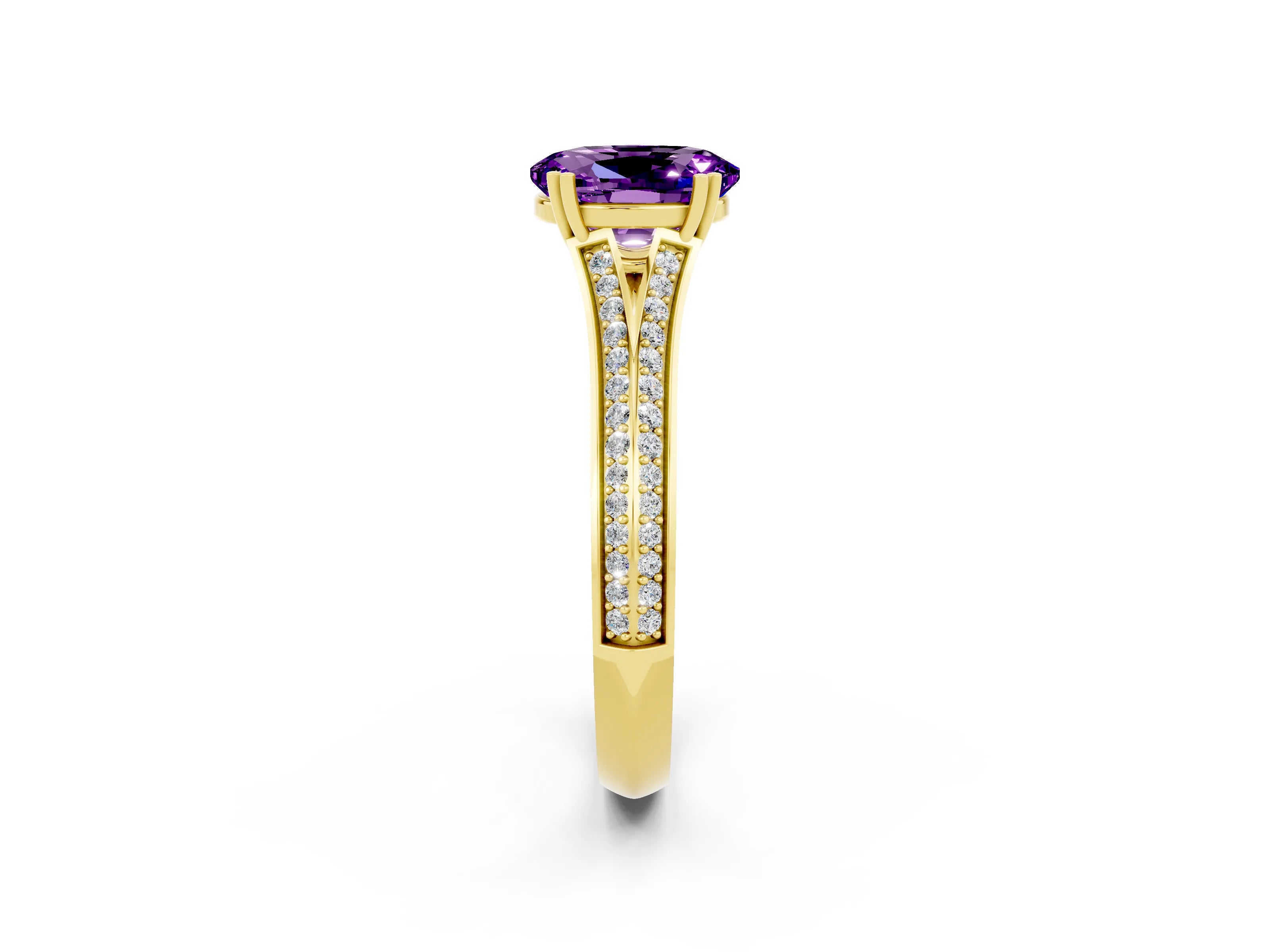 Yellow gold Oval Cut Amethyst Split Shank Engagement Ring with Pavé Band_2