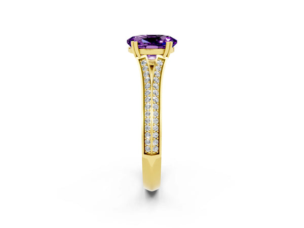 Yellow gold Oval Cut Amethyst Split Shank Engagement Ring with Pavé Band
