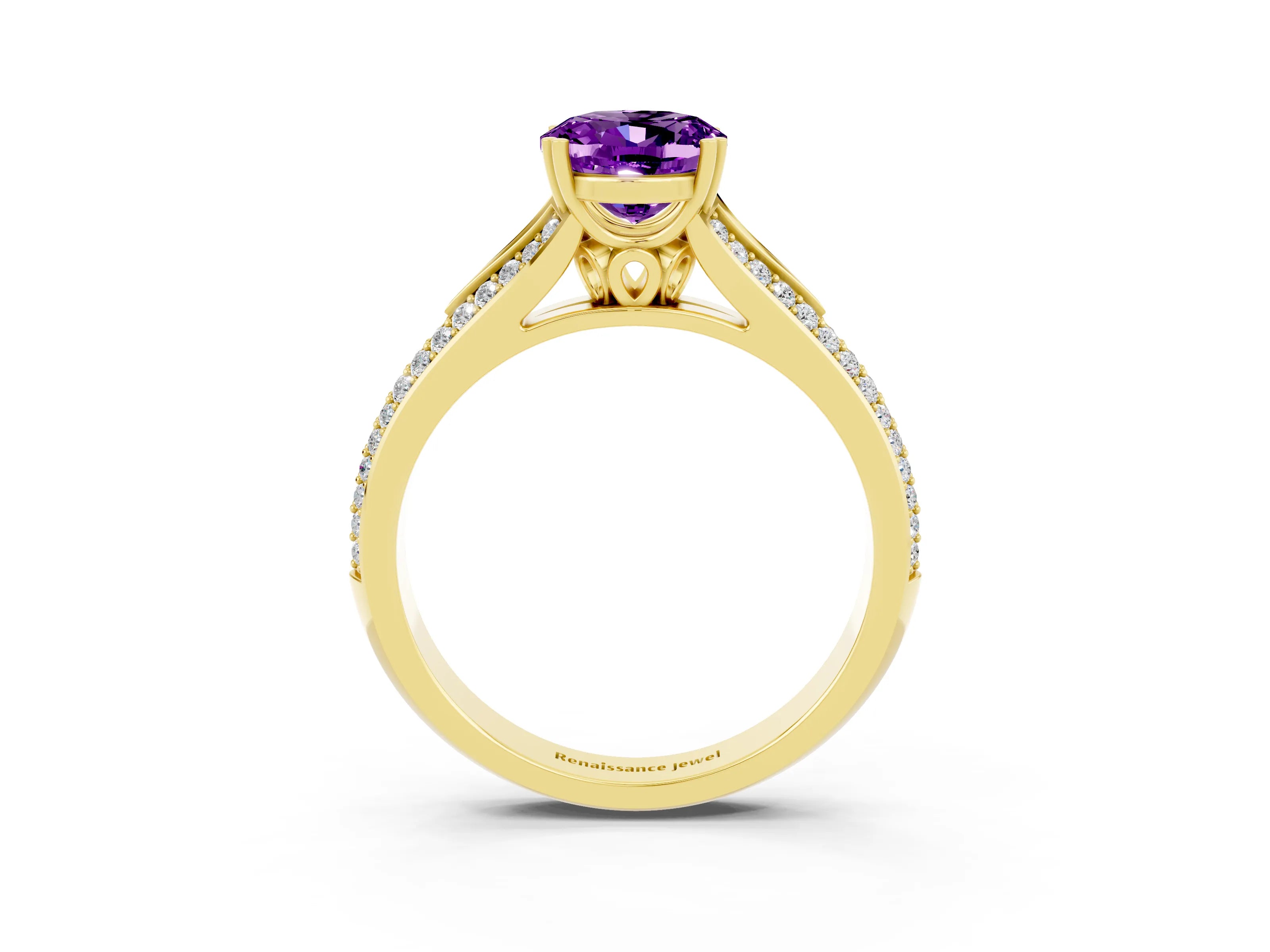 Yellow gold Oval Cut Amethyst Split Shank Engagement Ring with Pavé Band_3