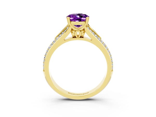 Yellow gold Oval Cut Amethyst Split Shank Engagement Ring with Pavé Band