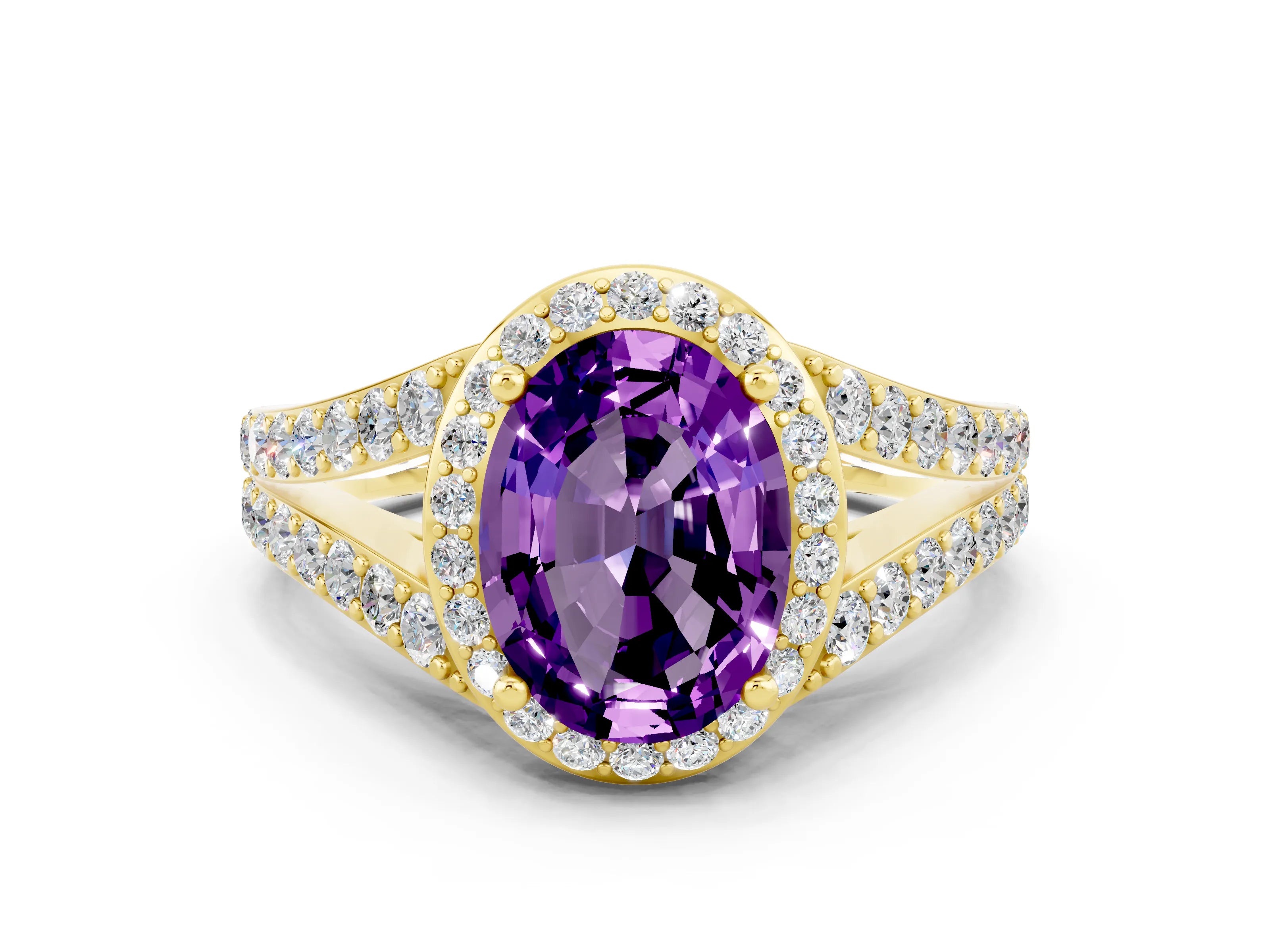 Yellow gold Oval Cut Amethyst Split Shank Halo Ring with Four-Prong Setting_12