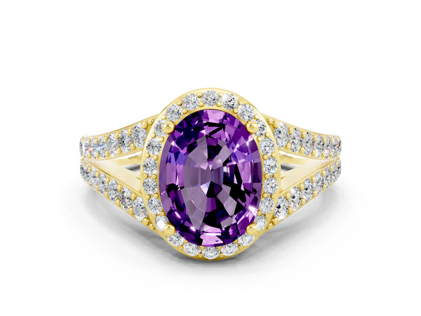 Yellow gold Oval Cut Amethyst Split Shank Halo Ring with Four-Prong Setting