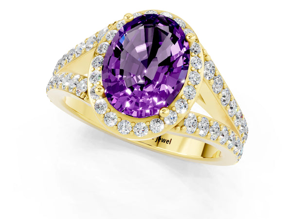 Yellow gold Oval Cut Amethyst Split Shank Halo Ring with Four-Prong Setting