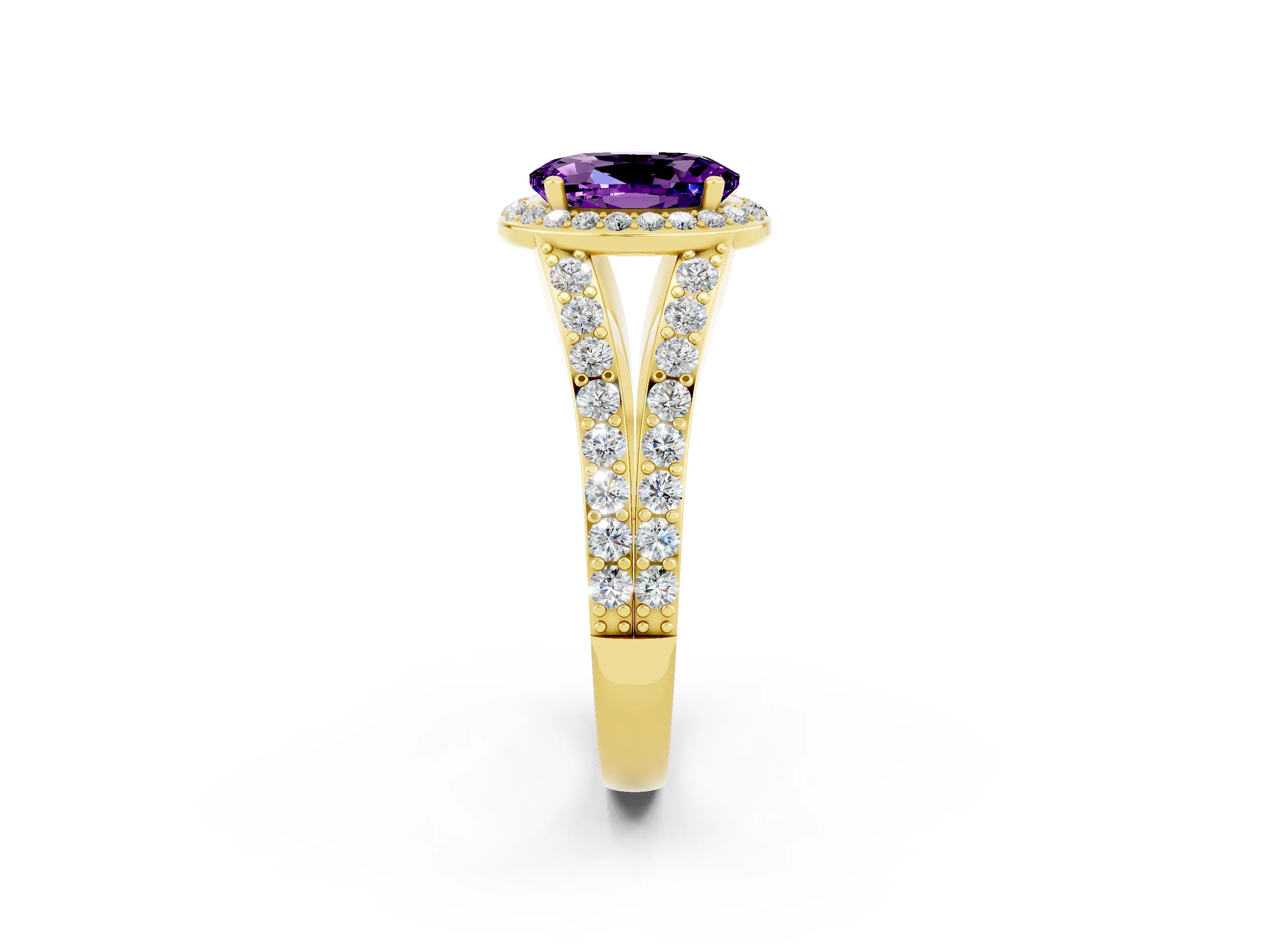 Yellow gold Oval Cut Amethyst Split Shank Halo Ring with Four-Prong Setting_14