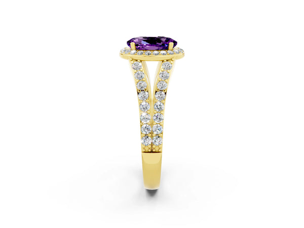 Yellow gold Oval Cut Amethyst Split Shank Halo Ring with Four-Prong Setting