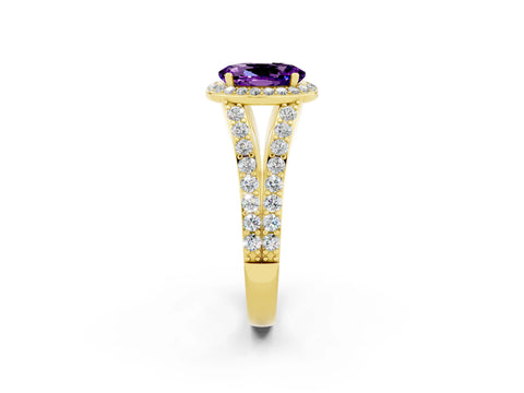 Yellow gold Oval Cut Amethyst Split Shank Halo Ring with Four-Prong Setting_14