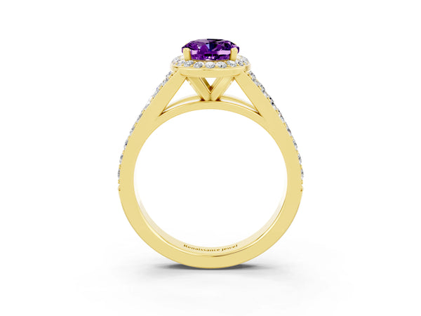 Yellow gold Oval Cut Amethyst Split Shank Halo Ring with Four-Prong Setting