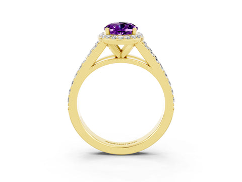Yellow gold Oval Cut Amethyst Split Shank Halo Ring with Four-Prong Setting_15