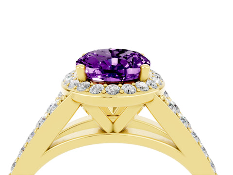 Yellow gold Oval Cut Amethyst Split Shank Halo Ring with Four-Prong Setting_16