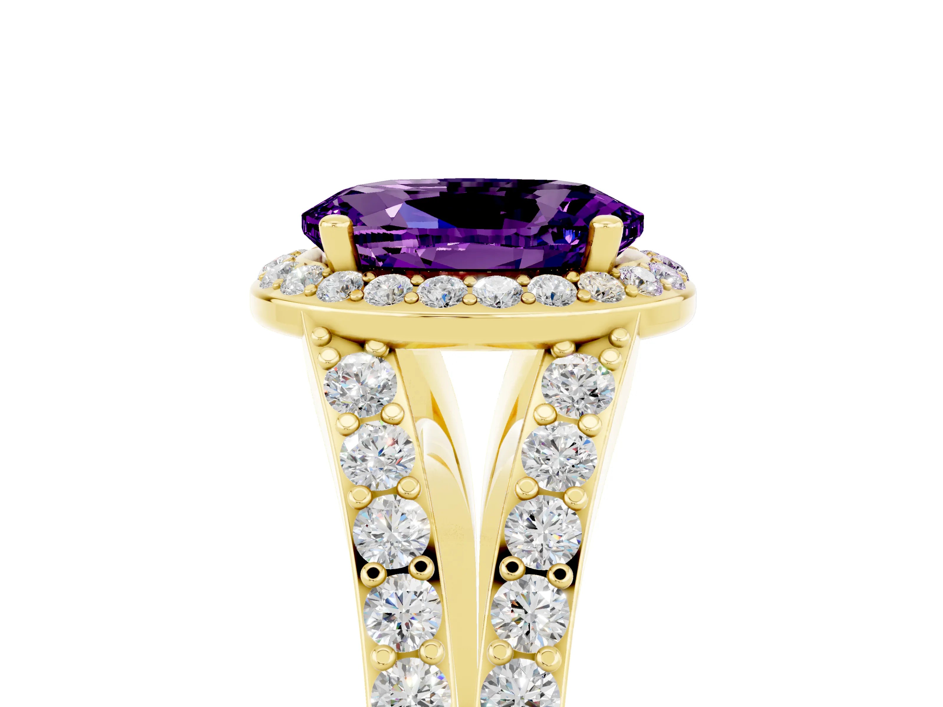 Yellow gold Oval Cut Amethyst Split Shank Halo Ring with Four-Prong Setting_17