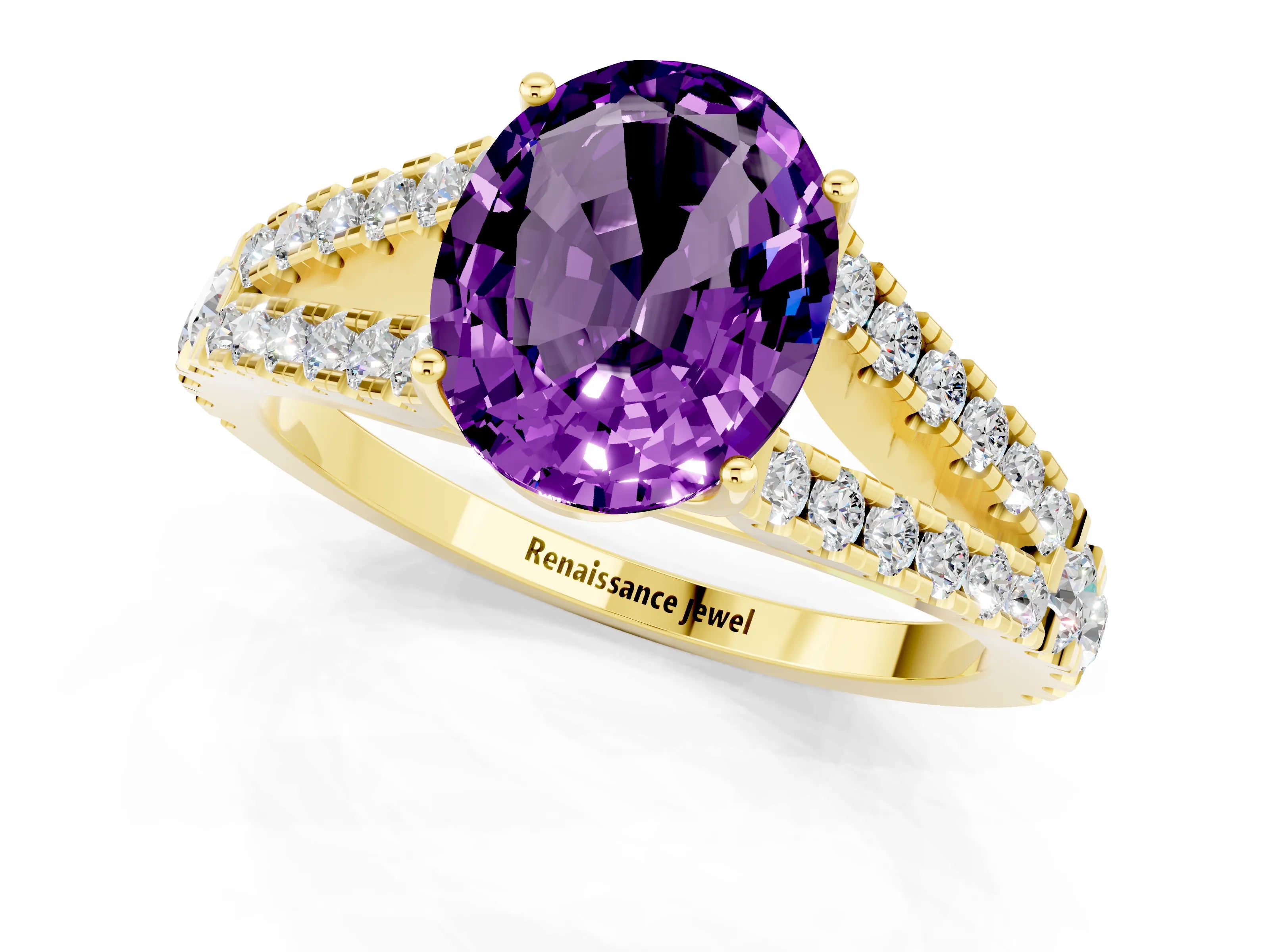 Yellow gold Oval Cut Amethyst Split Shank Pavé Engagement Ring with Four-Prong Setting_13