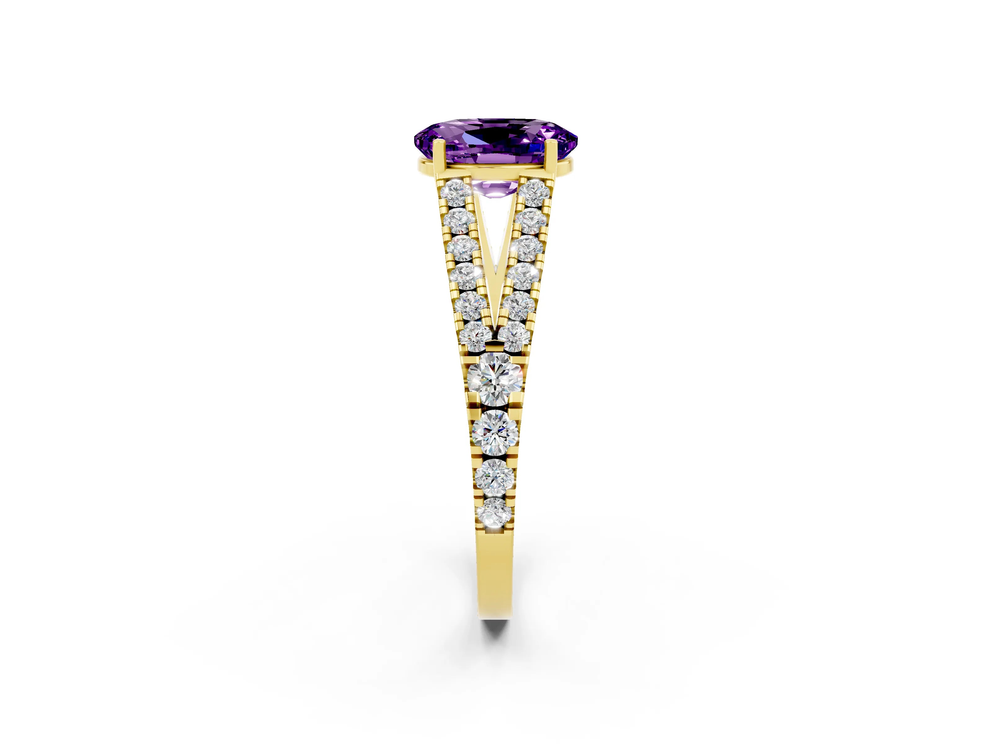 Yellow gold Oval Cut Amethyst Split Shank Pavé Engagement Ring with Four-Prong Setting_14