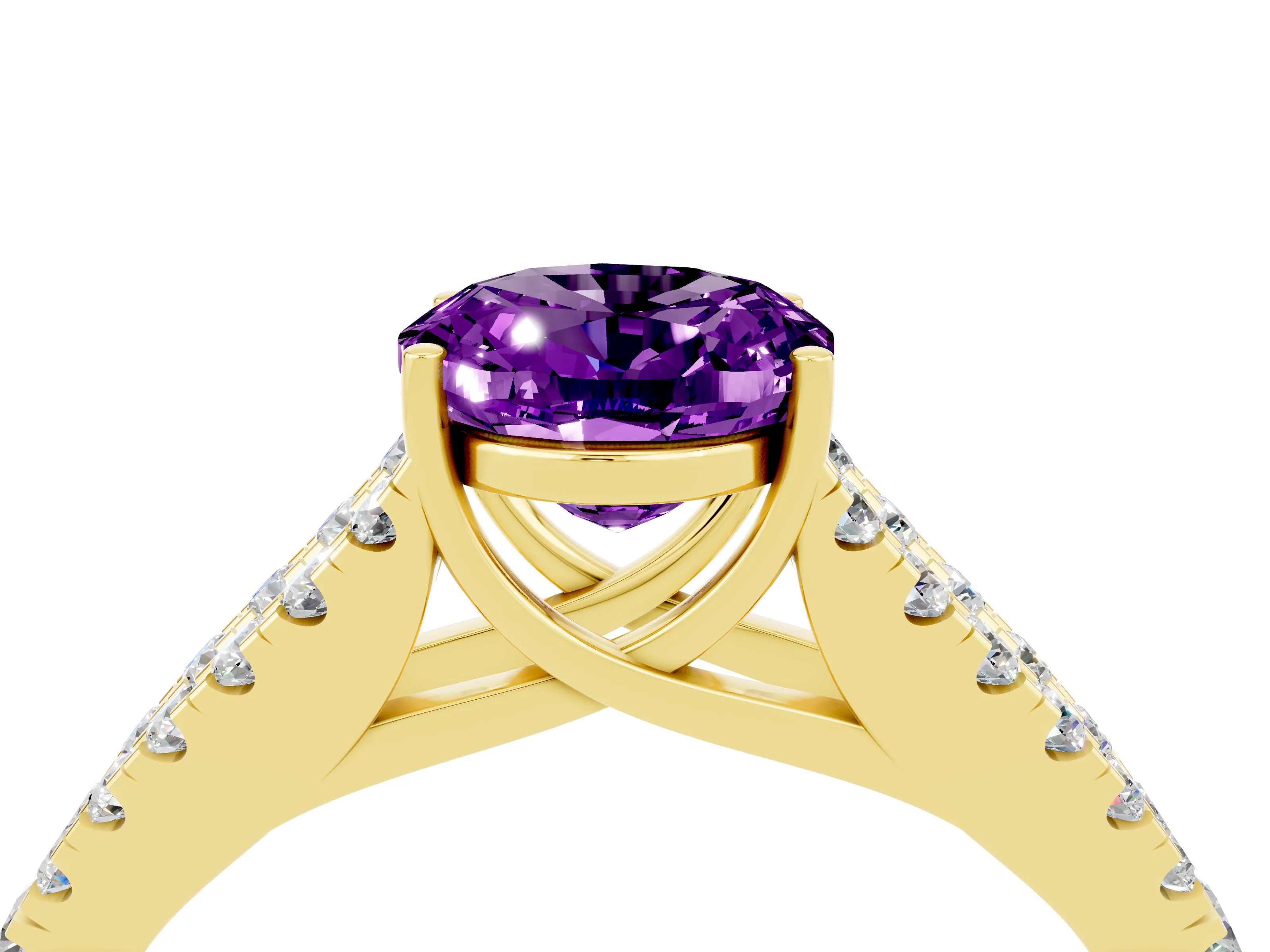 Yellow gold Oval Cut Amethyst Split Shank Pavé Engagement Ring with Four-Prong Setting_16
