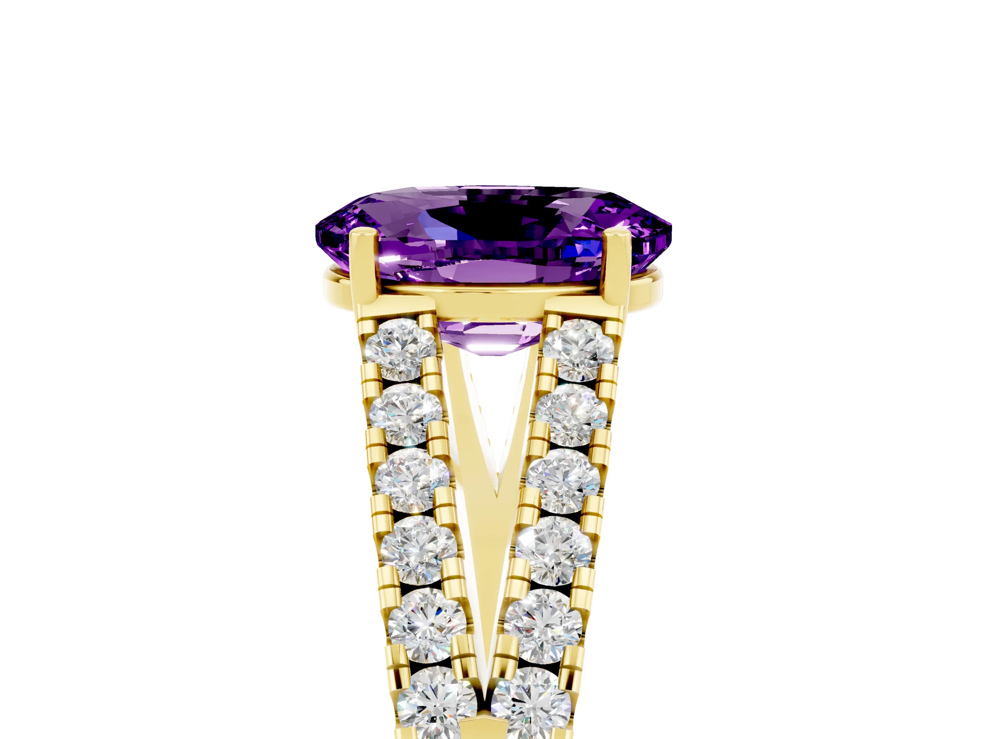Yellow gold Oval Cut Amethyst Split Shank Pavé Engagement Ring with Four-Prong Setting_17