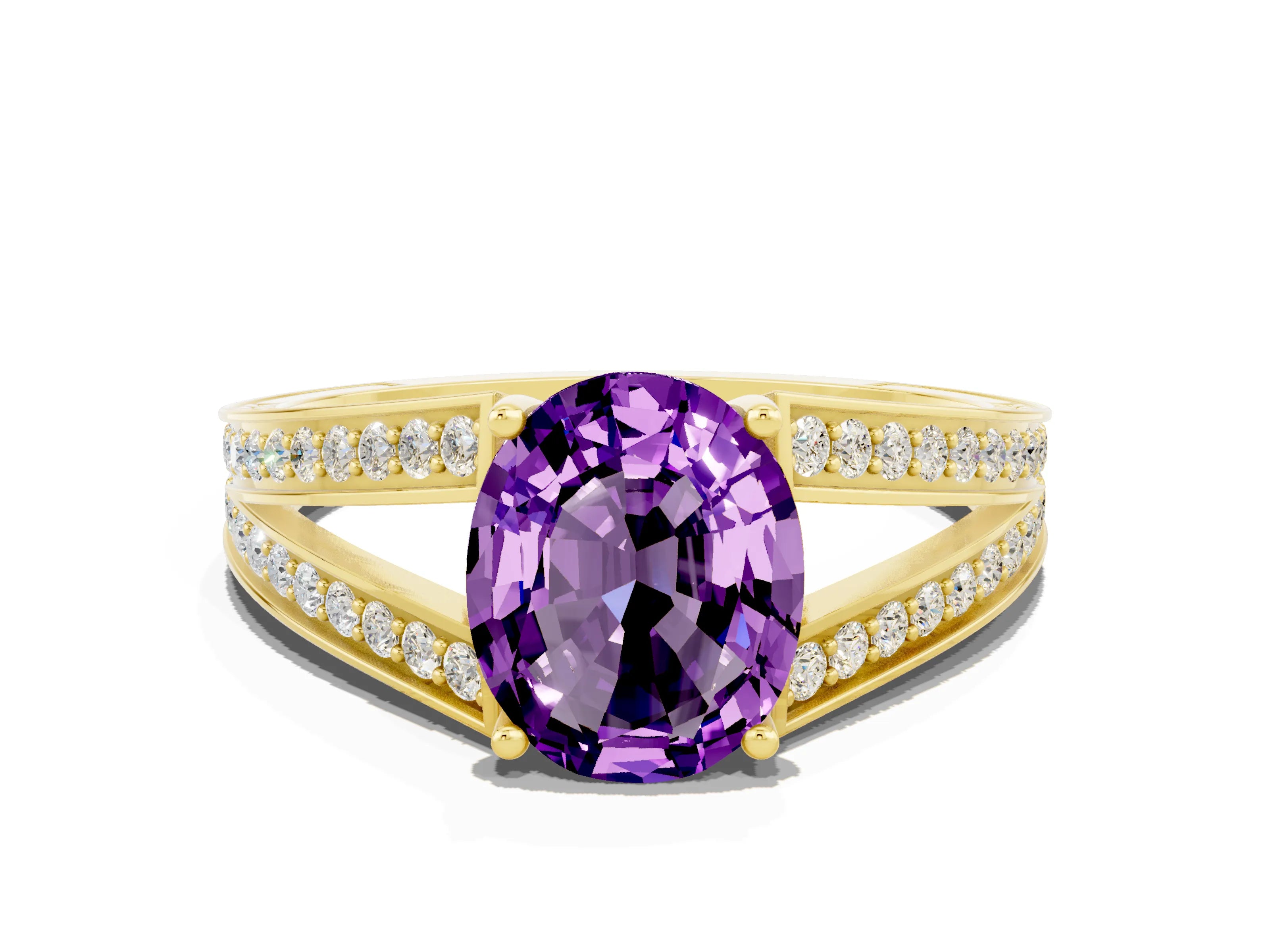 Yellow gold Oval Cut Amethyst Split Shank Ring with Pavé Band and Four-Prong Setting