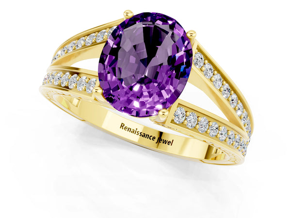 Yellow gold Oval Cut Amethyst Split Shank Ring with Pavé Band and Four-Prong Setting