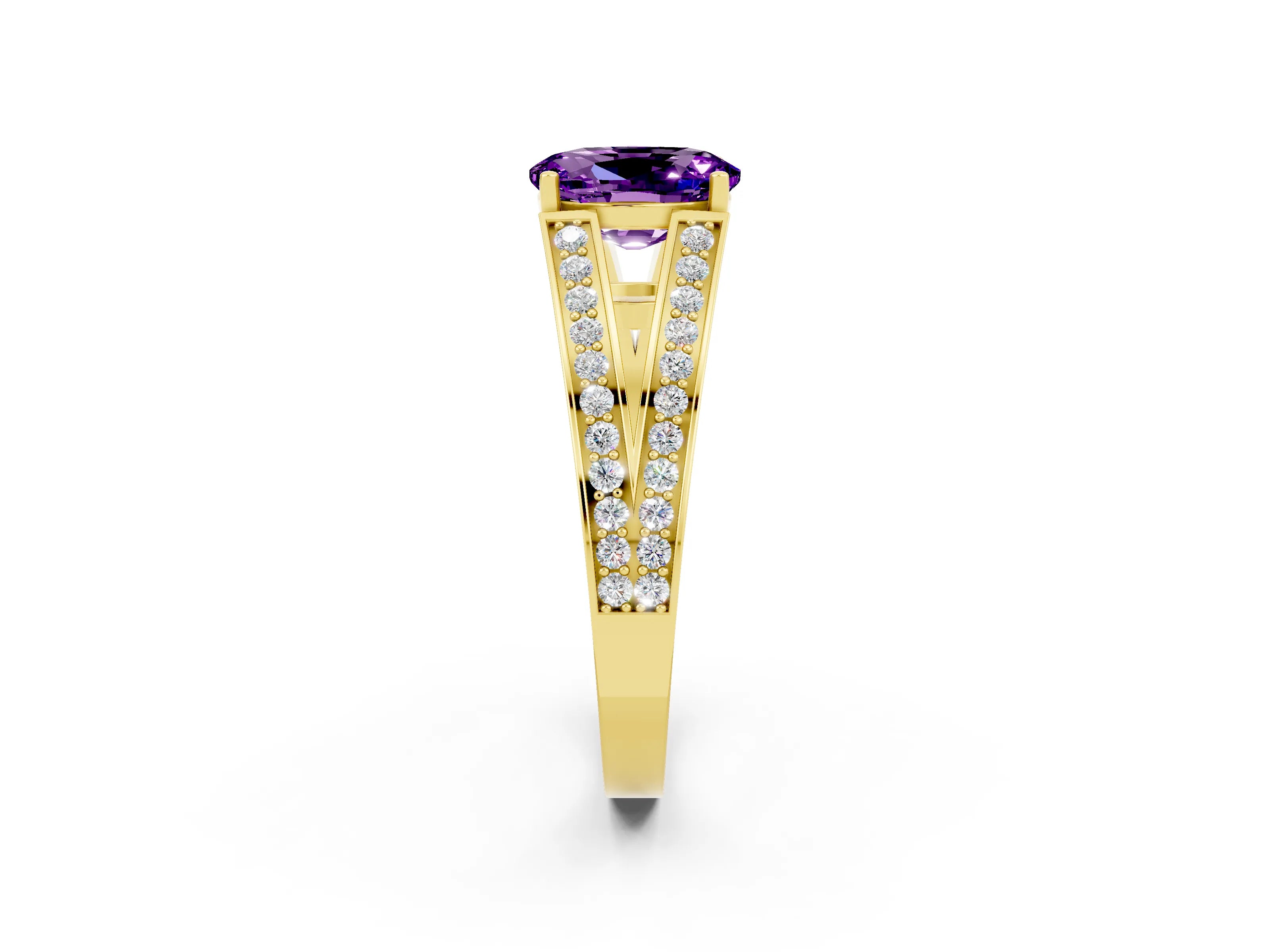Yellow gold Oval Cut Amethyst Split Shank Ring with Pavé Band and Four-Prong Setting_2