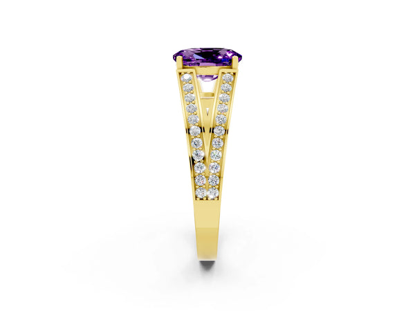 Yellow gold Oval Cut Amethyst Split Shank Ring with Pavé Band and Four-Prong Setting