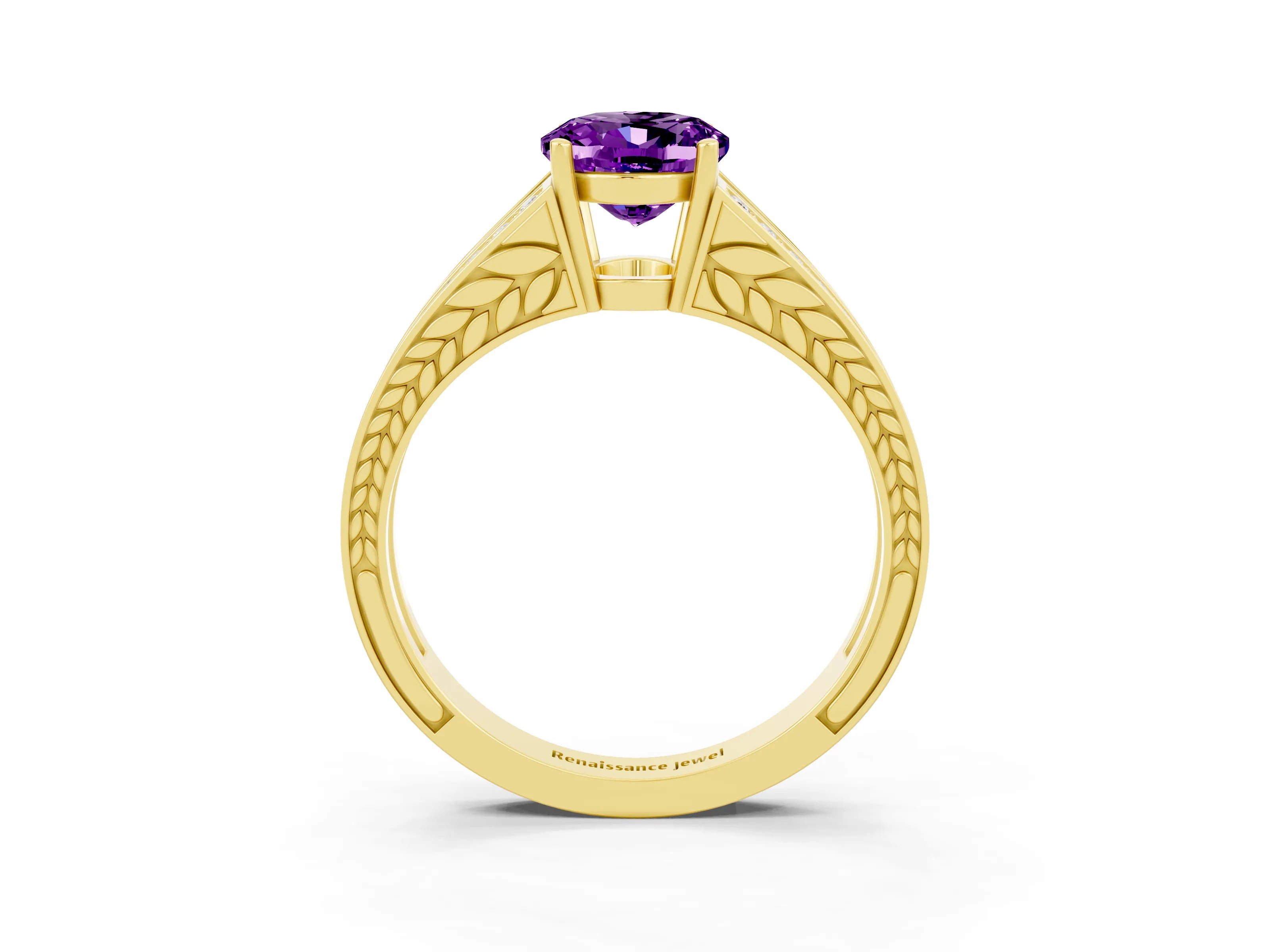 Yellow gold Oval Cut Amethyst Split Shank Ring with Pavé Band and Four-Prong Setting_3
