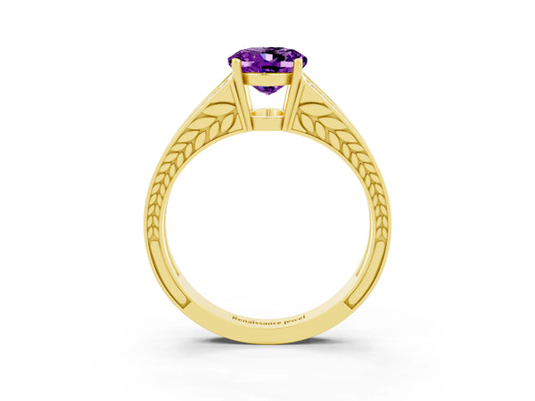 Yellow gold Oval Cut Amethyst Split Shank Ring with Pavé Band and Four-Prong Setting