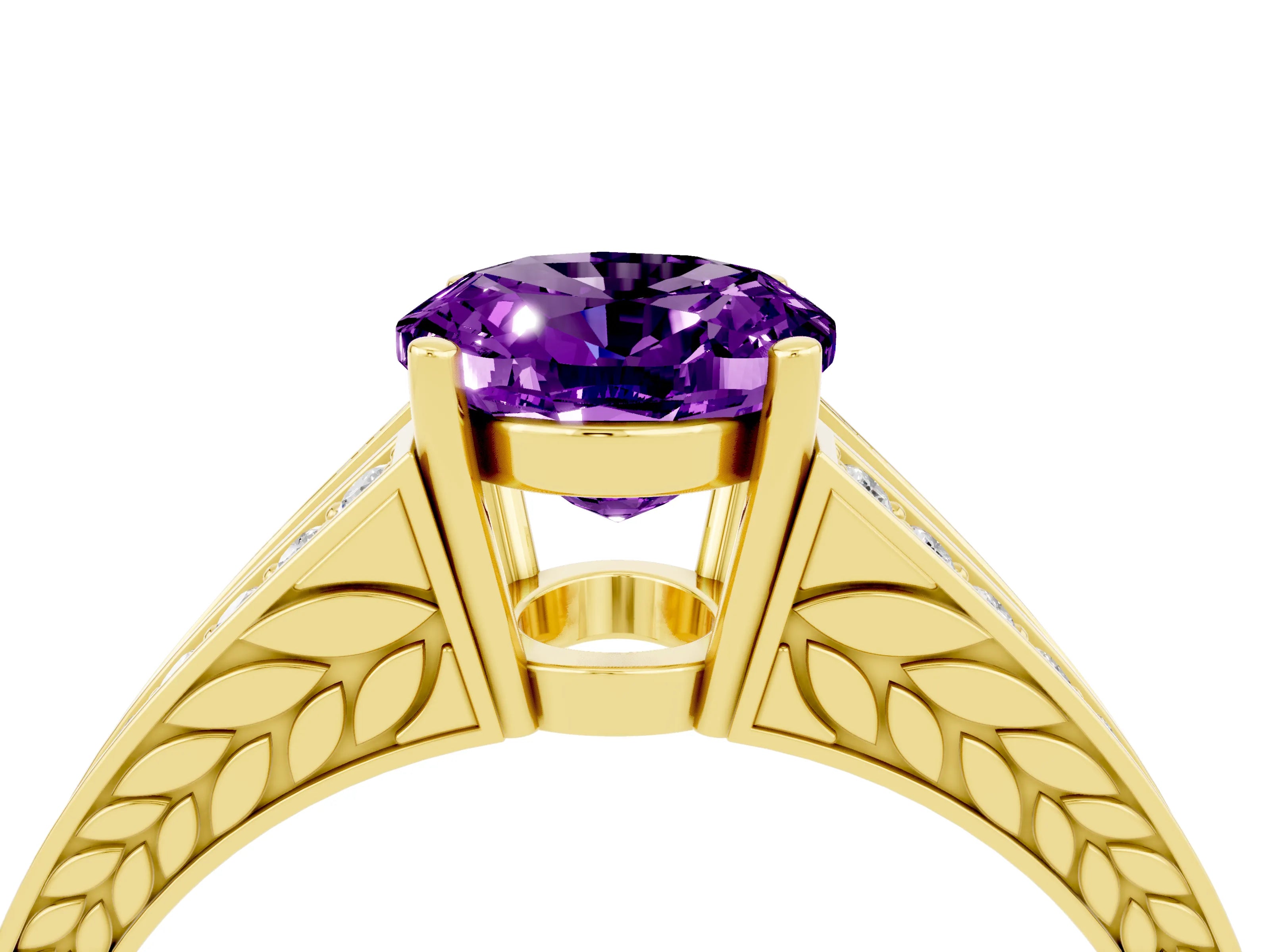 Yellow gold Oval Cut Amethyst Split Shank Ring with Pavé Band and Four-Prong Setting_4