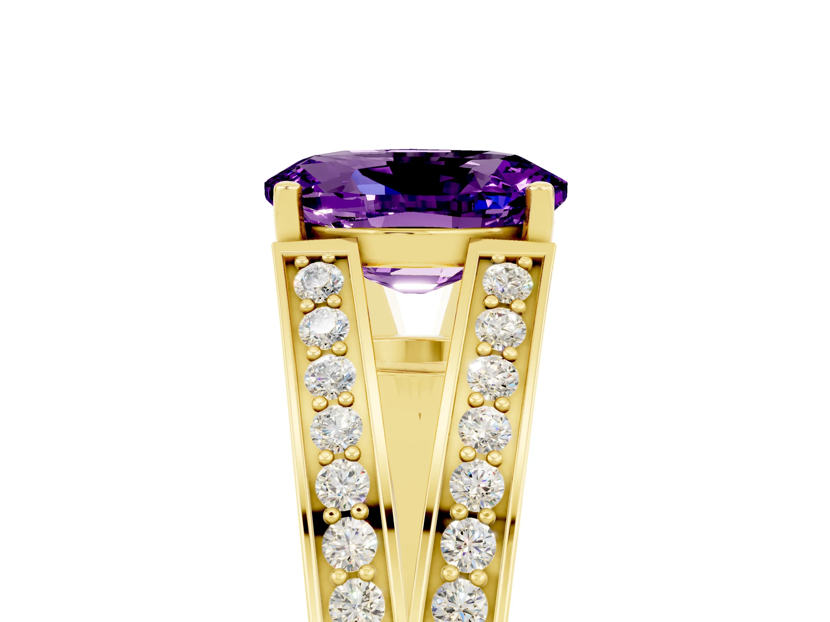 Yellow gold Oval Cut Amethyst Split Shank Ring with Pavé Band and Four-Prong Setting_5