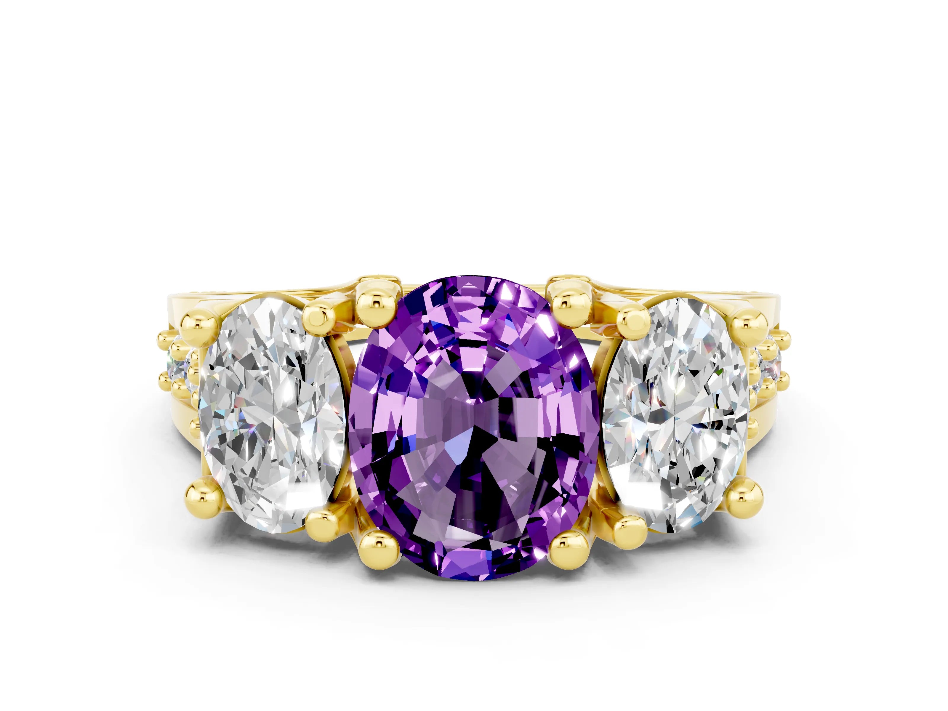 Yellow gold Oval Cut Amethyst Three-Stone Ring with Channel Set Band and Four-Prong Setting