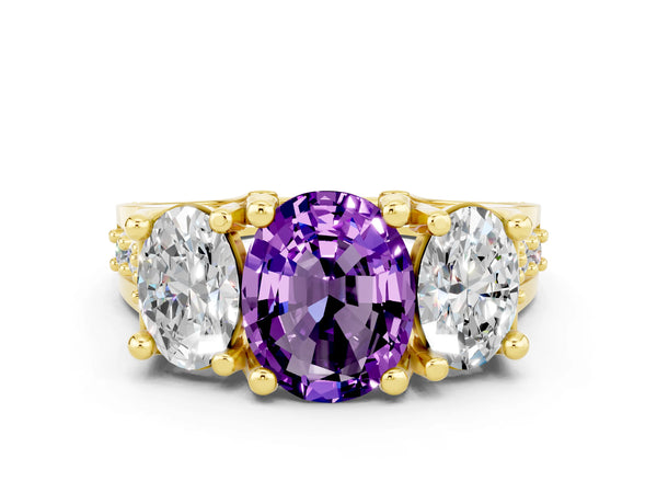 Yellow gold Oval Cut Amethyst Three-Stone Ring with Channel Set Band and Four-Prong Setting