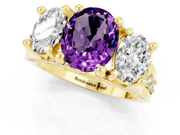 Yellow gold Oval Cut Amethyst Three-Stone Ring with Channel Set Band and Four-Prong Setting