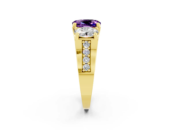 Yellow gold Oval Cut Amethyst Three-Stone Ring with Channel Set Band and Four-Prong Setting