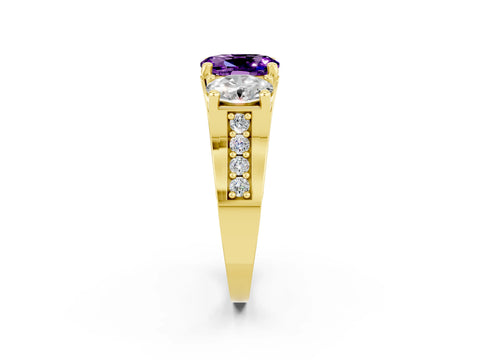 Yellow gold Oval Cut Amethyst Three-Stone Ring with Channel Set Band and Four-Prong Setting_2