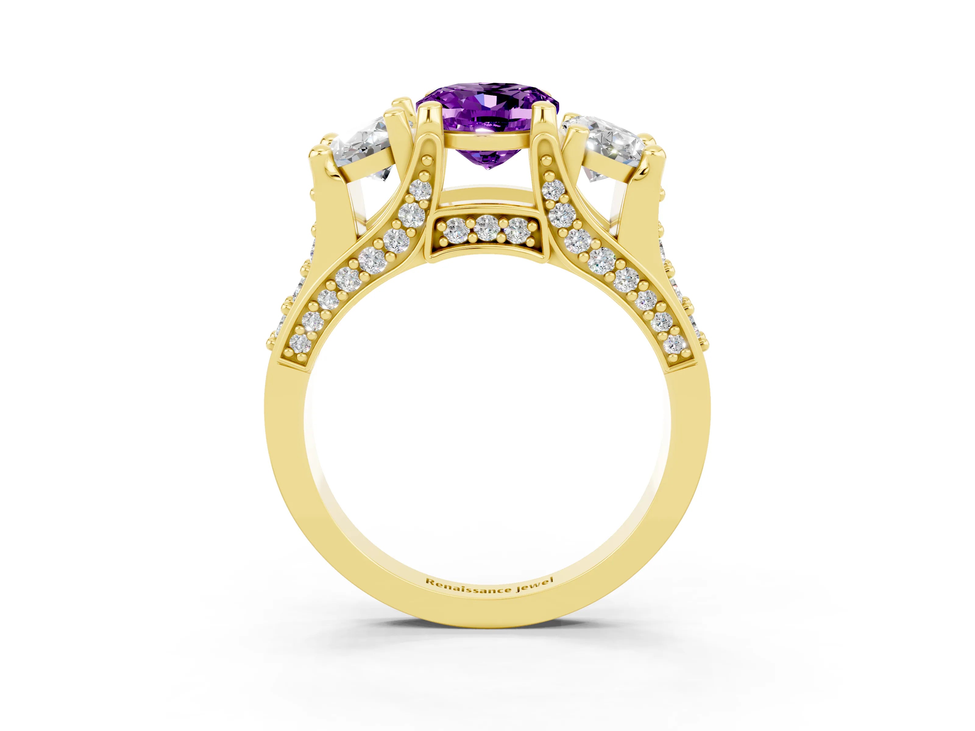 Yellow gold Oval Cut Amethyst Three-Stone Ring with Channel Set Band and Four-Prong Setting_3