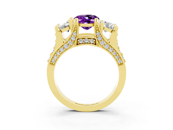 Yellow gold Oval Cut Amethyst Three-Stone Ring with Channel Set Band and Four-Prong Setting