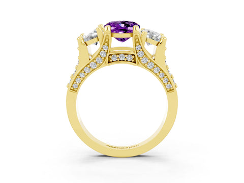 Yellow gold Oval Cut Amethyst Three-Stone Ring with Channel Set Band and Four-Prong Setting_3