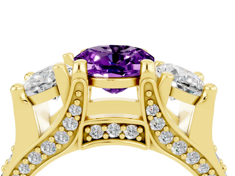 Yellow gold Oval Cut Amethyst Three-Stone Ring with Channel Set Band and Four-Prong Setting_4