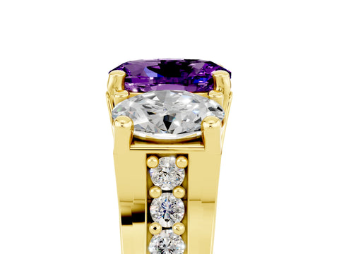 Yellow gold Oval Cut Amethyst Three-Stone Ring with Channel Set Band and Four-Prong Setting_5
