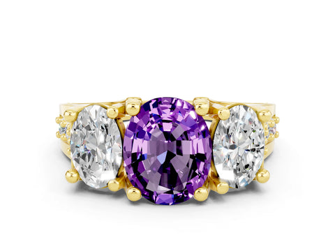 Yellow gold Oval Cut Amethyst Three-Stone Ring with Channel Set Band and Four-Prong Setting