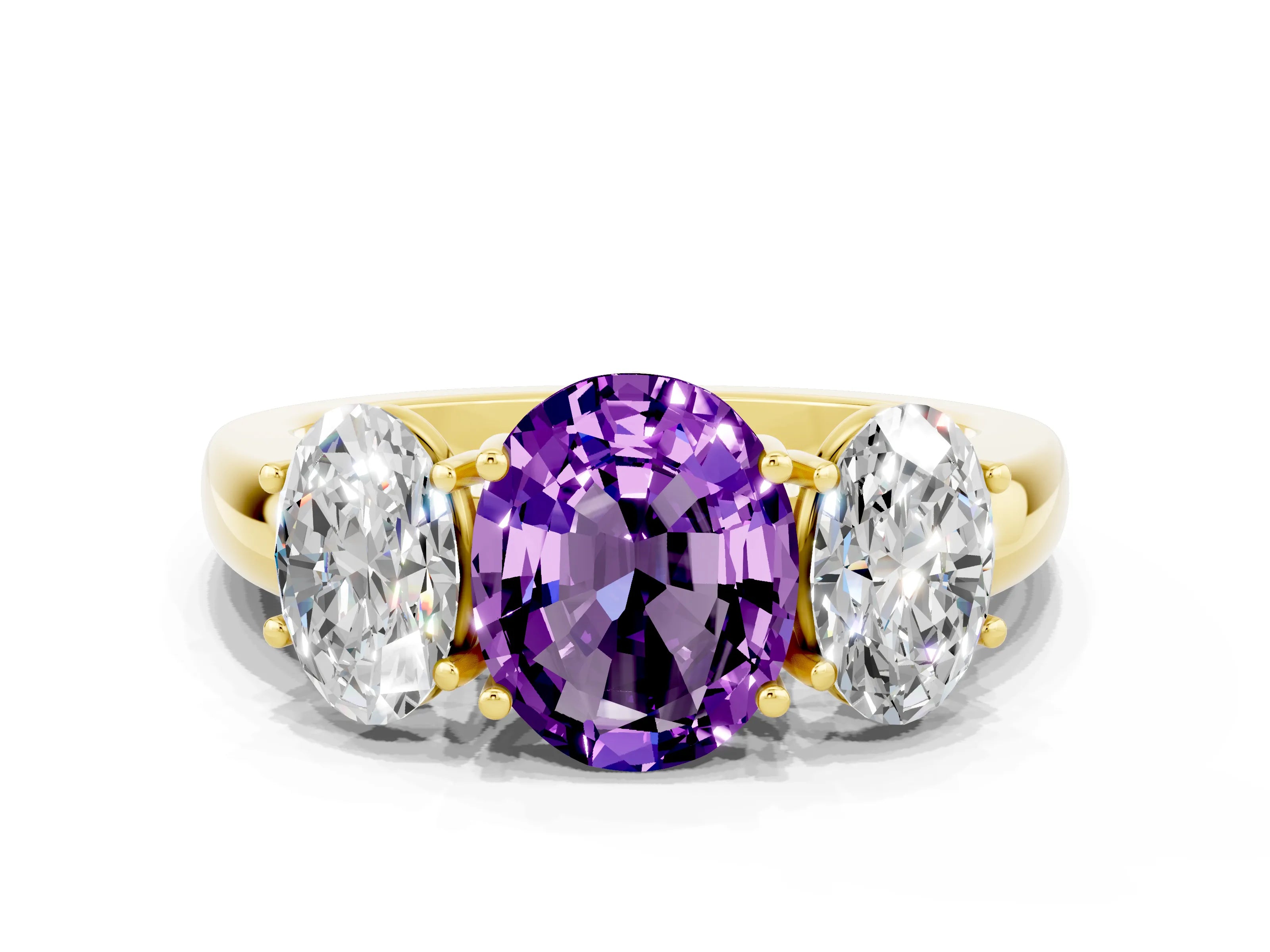 Yellow gold Oval Cut Amethyst Three-Stone Ring with Four-Prong Setting and Classic Band