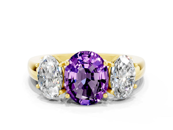 Yellow gold Oval Cut Amethyst Three-Stone Ring with Four-Prong Setting and Classic Band