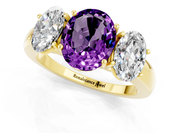 Yellow gold Oval Cut Amethyst Three-Stone Ring with Four-Prong Setting and Classic Band