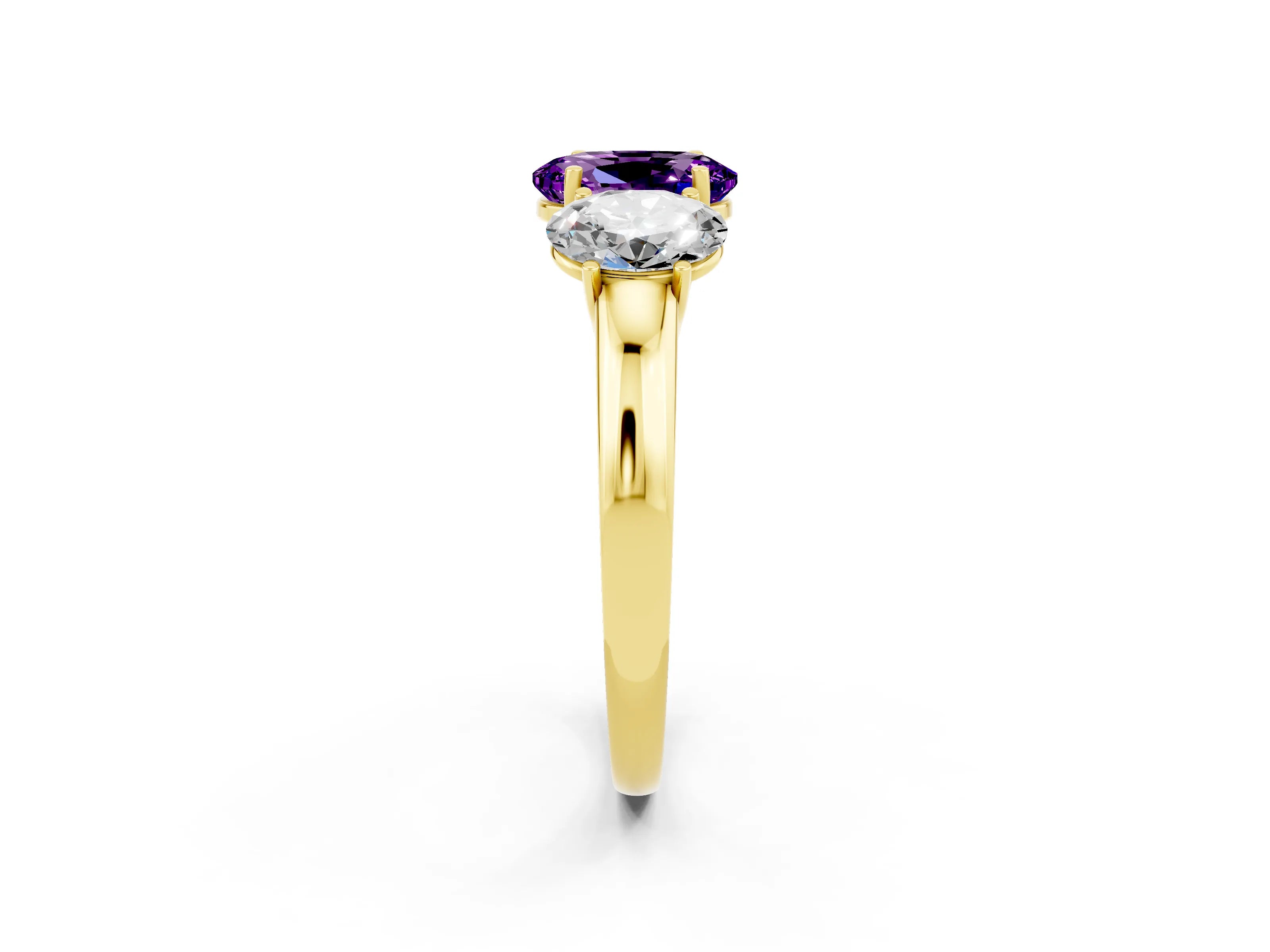 Yellow gold Oval Cut Amethyst Three-Stone Ring with Four-Prong Setting and Classic Band_2