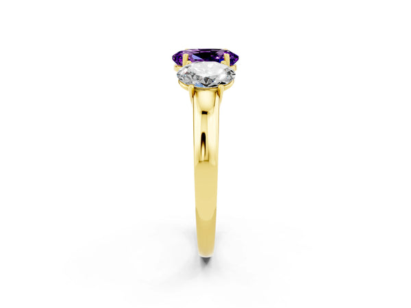 Yellow gold Oval Cut Amethyst Three-Stone Ring with Four-Prong Setting and Classic Band